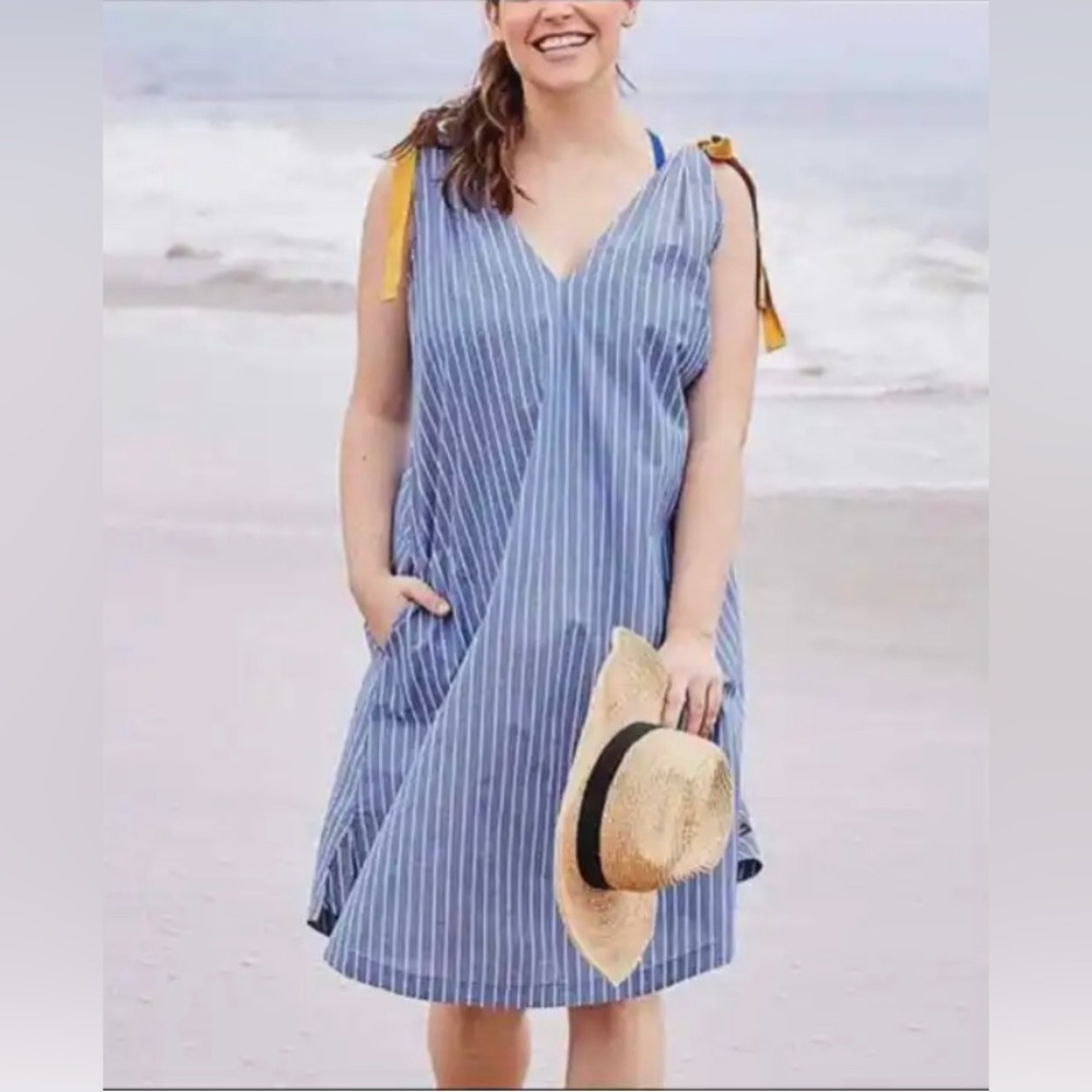 Matilda Jane Sandy Seashell Coverup Dress Blue White Stripe Shoulder Ties Size L